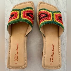 Jeffrey Campbell Raffia and Leather Slip-on Sandal Multicolor 2” Block Heel 8.5